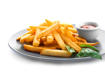 Plate with yummy french fries and sauce on white background
