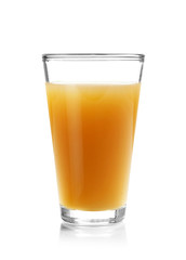 Glass with fresh apple juice on white background