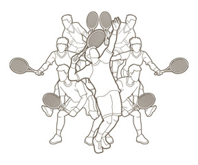 Tennis players , Men action outline graphic vector.