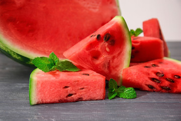 Tasty sliced watermelon on table