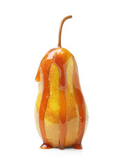 Pear with caramel sauce on white background