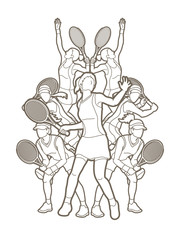 Tennis players , Women action outline graphic vector.