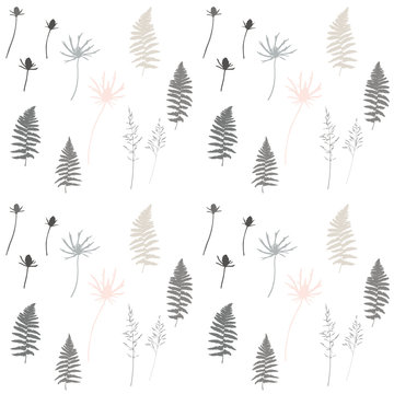 Meadow grasses, flowers, herbs and fern leaves floral vector seamless pattern.