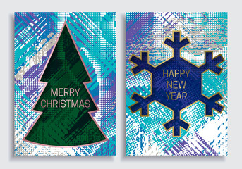 Happy New Year and Merry Christmas greeting card templates on grunge texture background with Christmas tree and snowflake frame.