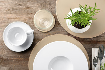 Top view of table setting for dinner in vegetarian cafe