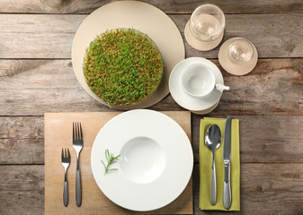 Top view of table setting for dinner in vegetarian cafe