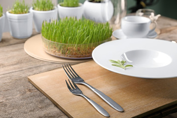 Table setting for dinner in vegetarian cafe