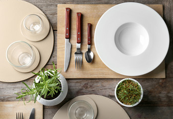 Top view of table setting for dinner in vegetarian cafe