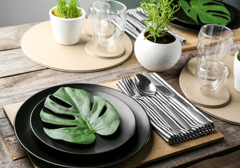 Table setting for dinner in vegetarian cafe