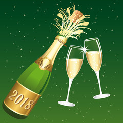 2018 Champaign vector toast. Congratulations or happy new year illustration. Green starry festive background.