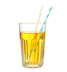 Glass with fresh apple juice on white background