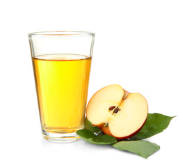 Glass with fresh apple juice on white background