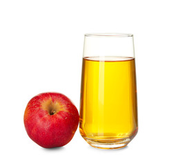 Glass with fresh apple juice on white background