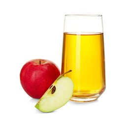 Glass with fresh apple juice on white background