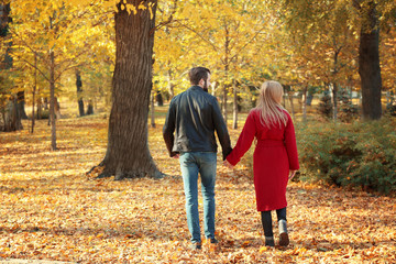 Fototapeta premium Young couple walking in park on autumn day
