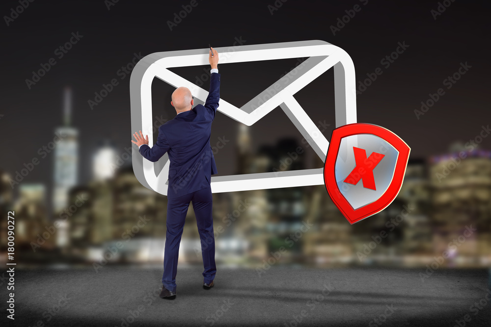 Poster businessman in front of a wall with spam message email symbol displayed on a futuristic interface - 