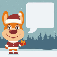 Funny bunny rabbit in christmas costume with speech bubble for your text. Cartoon bunny rabbit with christmas gift says greetings.