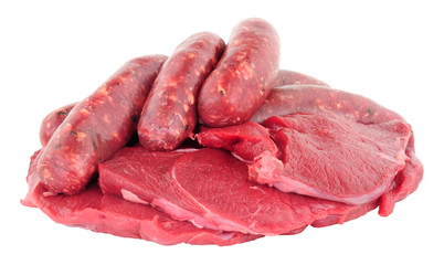 Raw venison meat steaks and sausages isolated on a white background