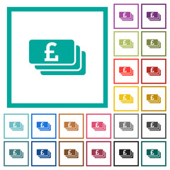 Pound banknotes flat color icons with quadrant frames