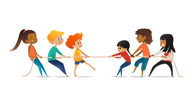 Excited boys and girls pulling rope. Tug of war competition between two children teams. Concept of sports activity for kids. Funny cartoon characters isolated on white background. Vector illustration.