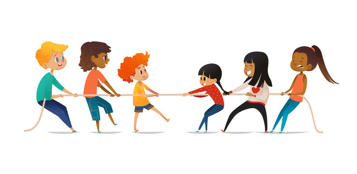 Tug of war contest between boys and girls. Two groups of children of different sex pulling opposite ends of rope. Concept of gender equality among kids, team sports. Vector illustration for banner.