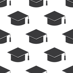 Graduation cap icon seamless pattern on white background.