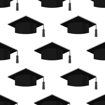 Graduation cap icon seamless pattern on white background.