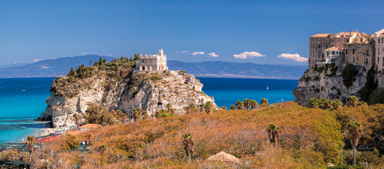 Panorama of Santa Maria dell'Isola Church with Tropea town in Calabria, Italy