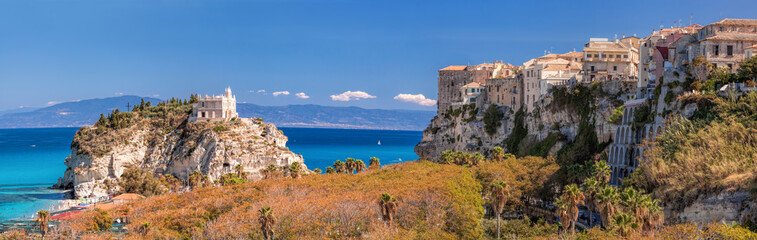 Fototapeta na wymiar Panorama of Santa Maria dell'Isola Church with Tropea town in Calabria, Italy