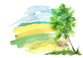 Watercolor summer landscape. Green tree on a grass, field, sky. On a white background. Summer tree on a background of abstract green spots, a splash of paint. Logo, postcard, element for design.