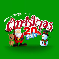 Merry christmas card on green background for twenty percent discount, vector and illustration.