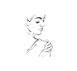 Hand made vector abstract graphic ink modern girl portrait sketch isolated on white background. Outline design elements for boho wedding, birthday, save the date card