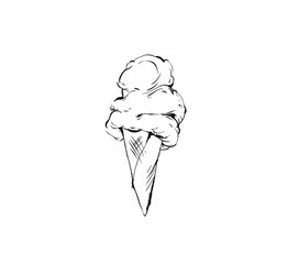 Hand drawn vector abstract graphic icon design element with ink brush painted illustration of creamy ice cream in waffle cone isolated on white background