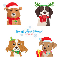Christmas Dog Faces Collection Vector Set. Symbol Of The Year. Illustration Of Funny Cartoon Dogs In Christmas Costumes. Isolated On White. Holiday Collars And Outfits.