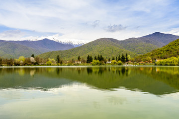 Fototapeta premium Rural lake landscape with wildlife, ducks and snow capped mountains in background with blue skies and clouds midst of fall foliage. 