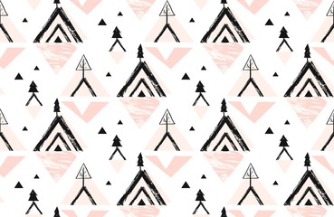 Hand drawn vector abstract Merry Christmas time rough bohemian freehand illustration seamless pattern with winter mountains nature and pines forest in pastel colors isolated on white background