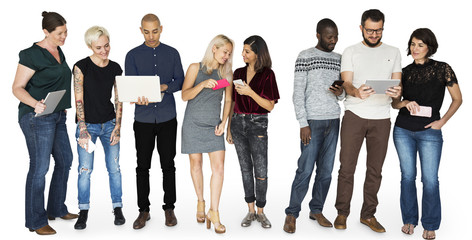 Happiness group of people smiling and conneted by digital devices