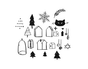 Hand drawn vector Merry Christmas rough freehand graphic greeting design elements collection set with ink scandinavian icons and graphics isolated on white background