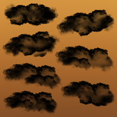 Black clouds of smoke collection, isolated shapes set, 3D illustration