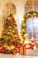 Christmas shining tree with decorations, tinsel, star, balls. Interior in vintage style. New year holidays.