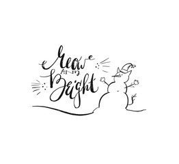 Hand drawn vector Merry Christmas rough freehand graphic greeting illustration design element with handwritten modern calligraphy Meow and bright and cat snowman isolated on white background