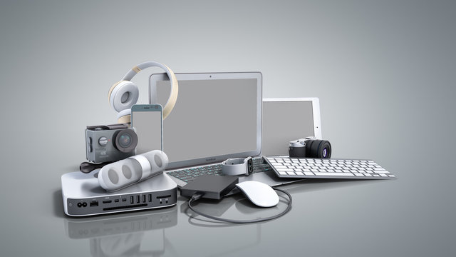 collection of consumer electronics 3D render on grey background