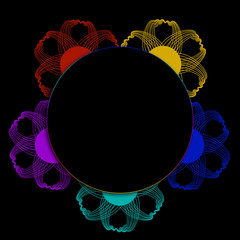 Round frame with flowers on black background