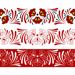 Set of russian pattern border seamless elements vector. Traditional flowers embroidery ornament. Design for frames, text dividers, lace, textile ribbon, tablecloth fabric and folk souvenir.