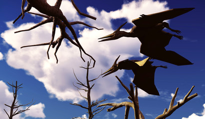 Flying pterodactyl against the beautiful cloudscape 3d illustration © satori