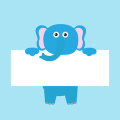 Funny elephant hanging on paper board template. Kawaii animal body. Cute cartoon character. Baby card. Flat design style. Blue background Isolated