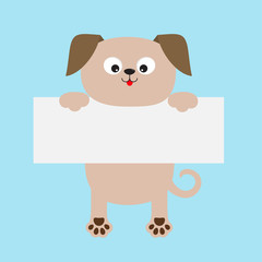 Funny dog hanging on paper board template. Kawaii puppy animal body. Cute cartoon character. Baby card. Pet collection. Flat design style. Blue background Isolated