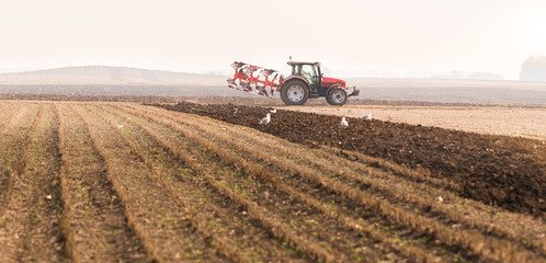 Fototapeta premium Tractor plowing fields -preparing land for sowing in autumn