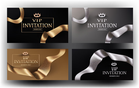 Set of gold and silver invitation cards with curly ribbons. Vector illustration