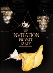 VIP private party invitation card with poured out glass of champagne. Vector illustration